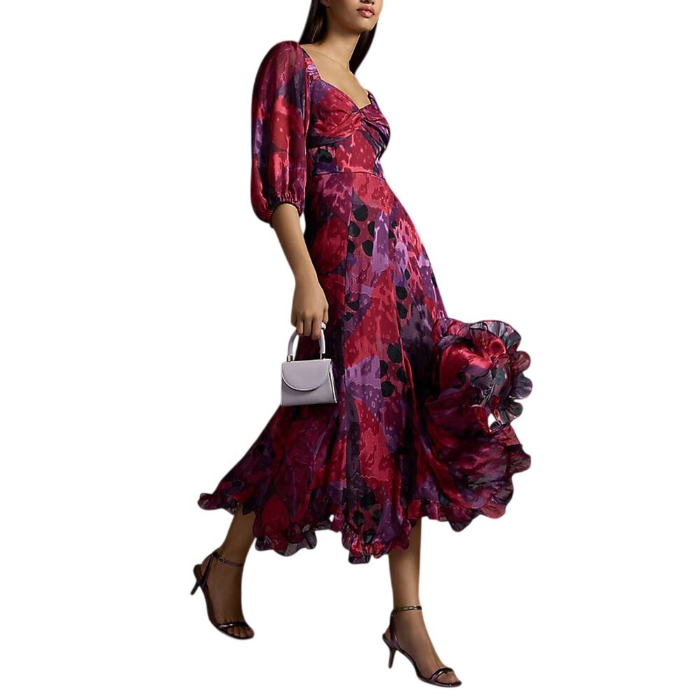 Anthropologie Puff Sleeve Purple Motif Hutch Midi Dress Size 6